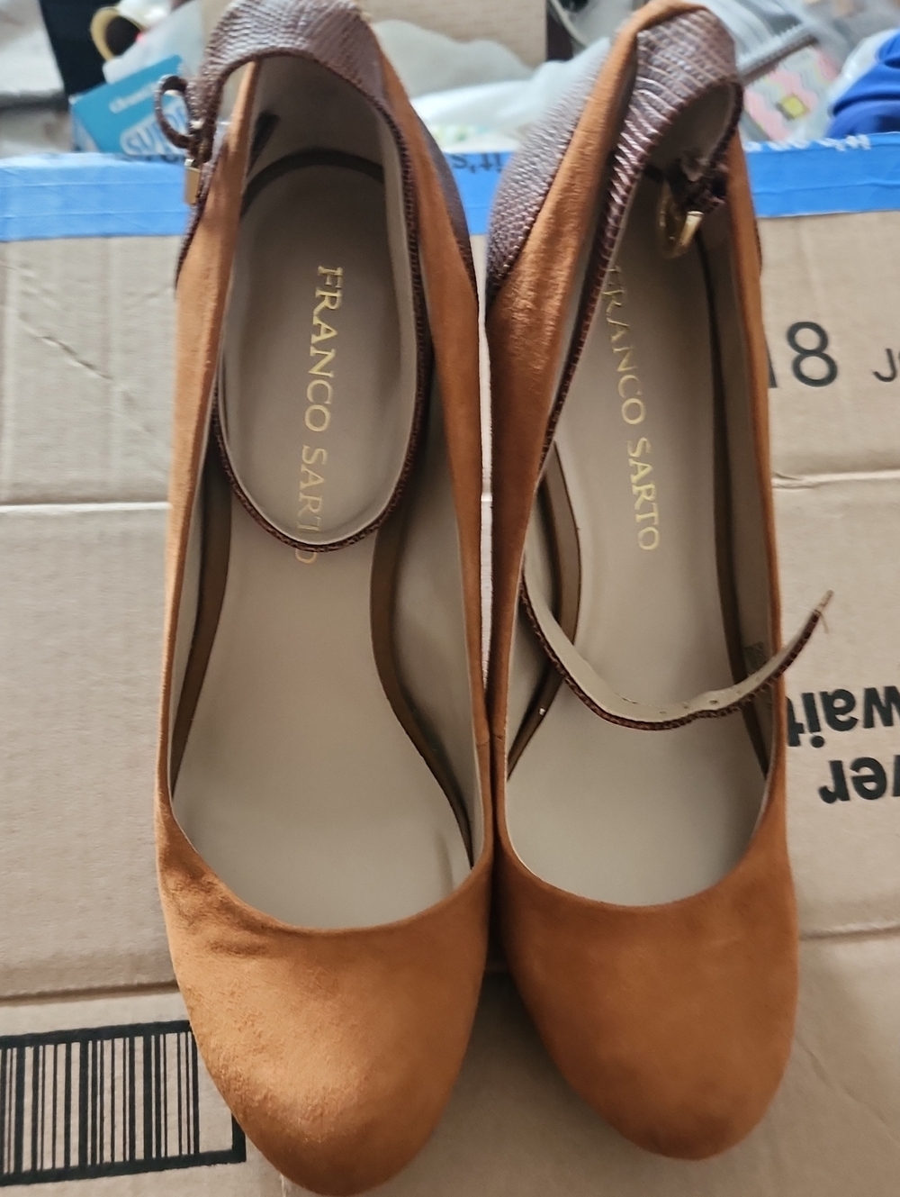 Franco Sarto Chestnut Suede Mary Jane Heels with Brown Textured Strap - NWOT